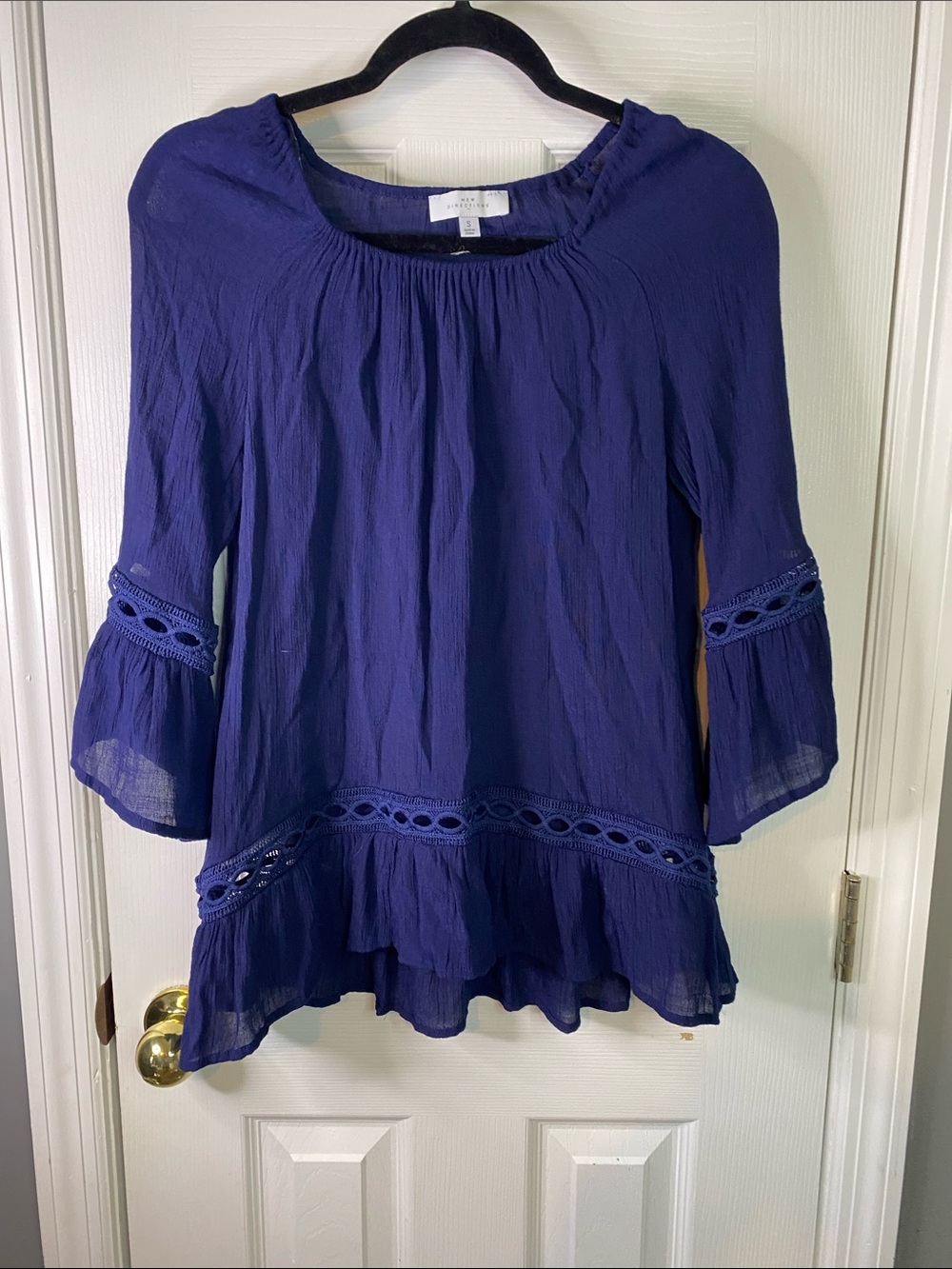new directions Navy Crochet-Trim Peasant Tunic Size Small.